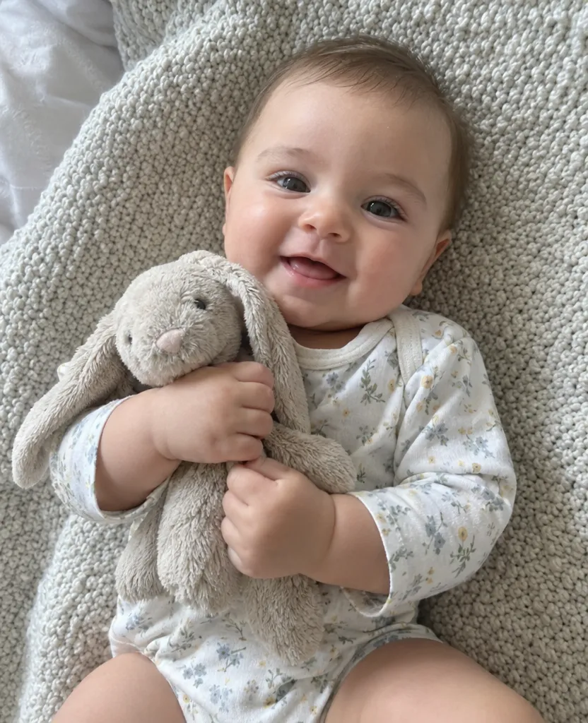 Original phone photo of a smiling baby holding a stuffed bunny