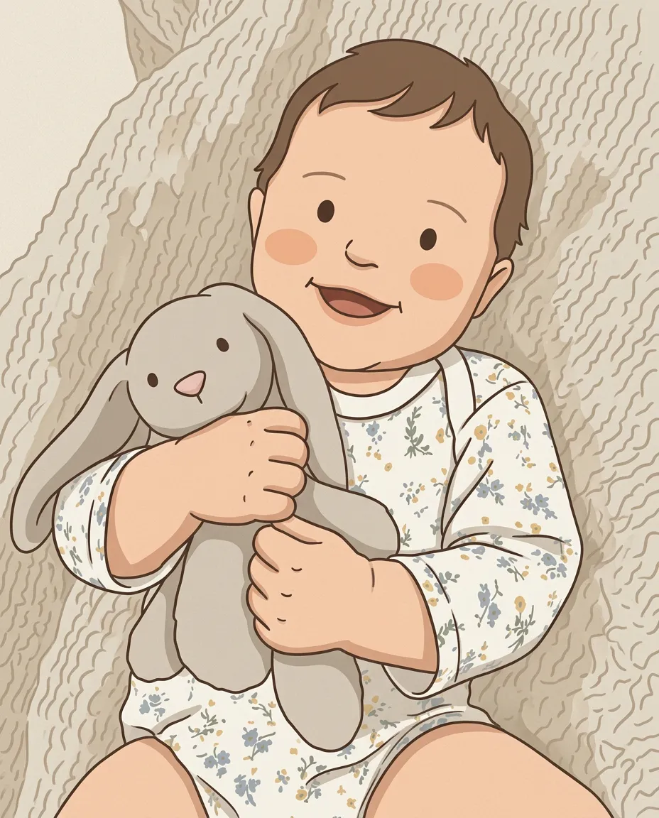 Baby with a stuffed bunny as storybook nursery art
