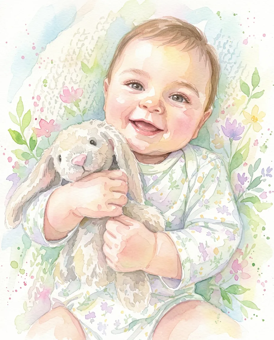 Baby with a stuffed bunny as watercolor nursery art