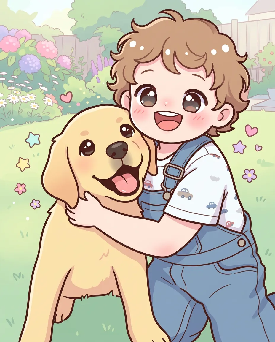 Toddler hugging a puppy as kawaii nursery art