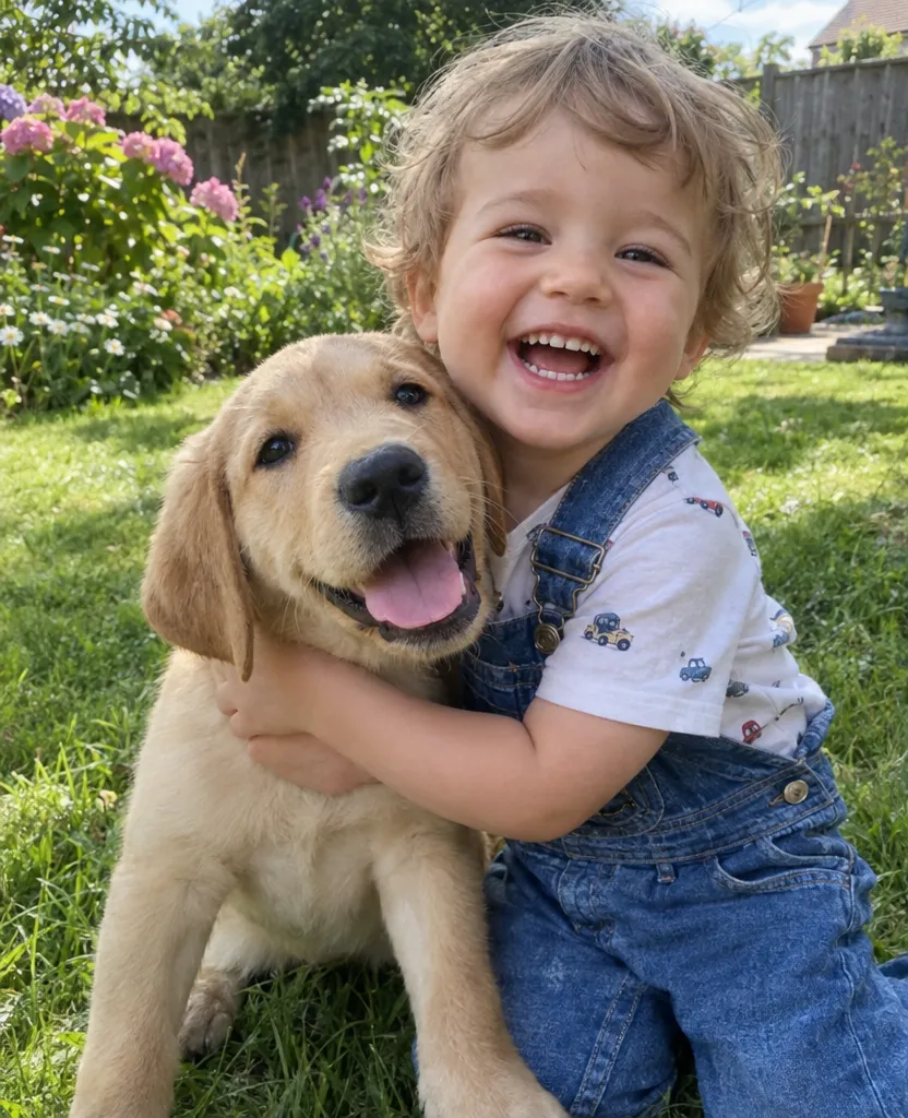 Phone photo of a laughing toddler hugging a golden puppy in a garden