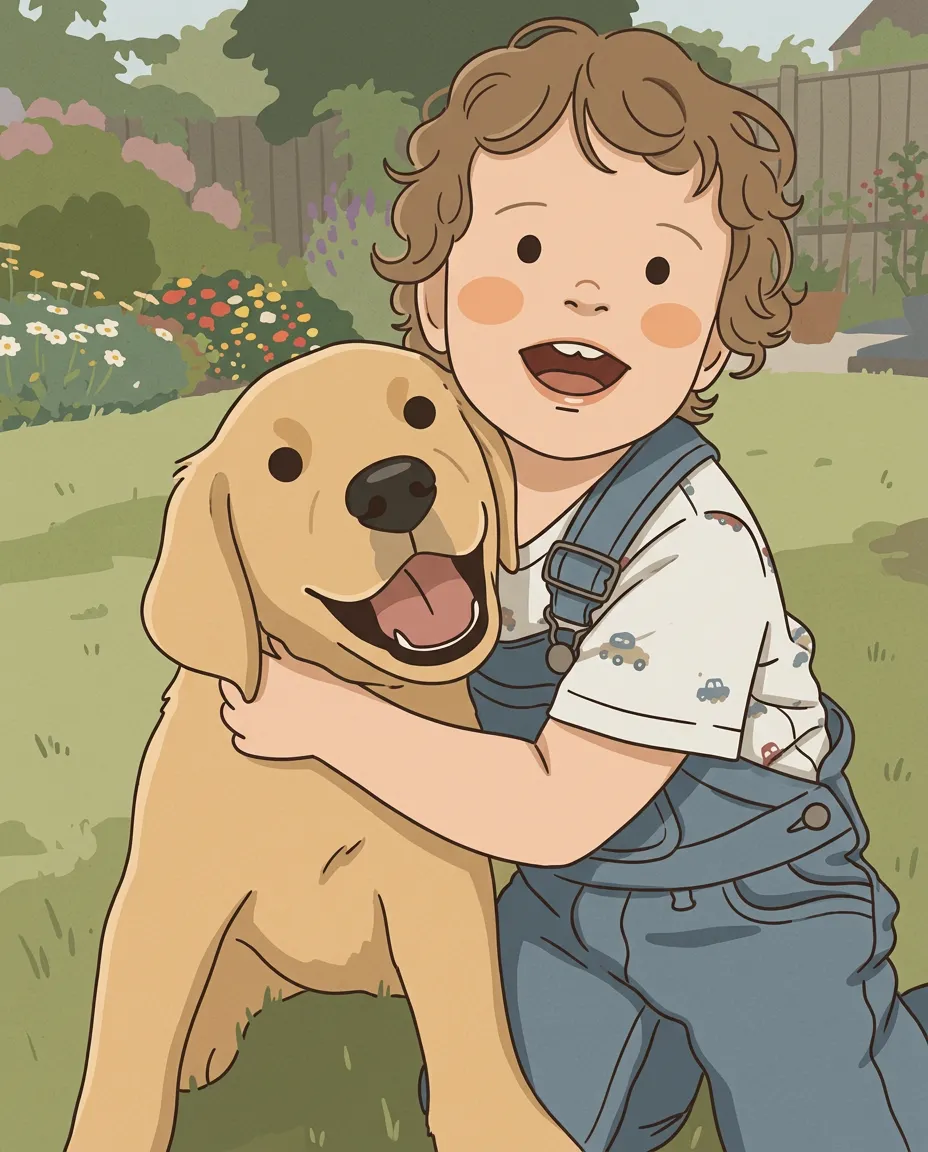 Toddler hugging a puppy as storybook nursery art