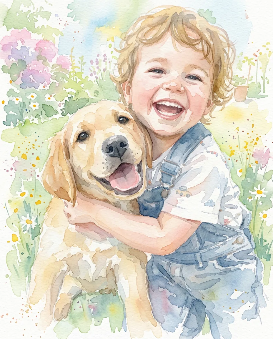 The same toddler and puppy as a soft watercolor painting