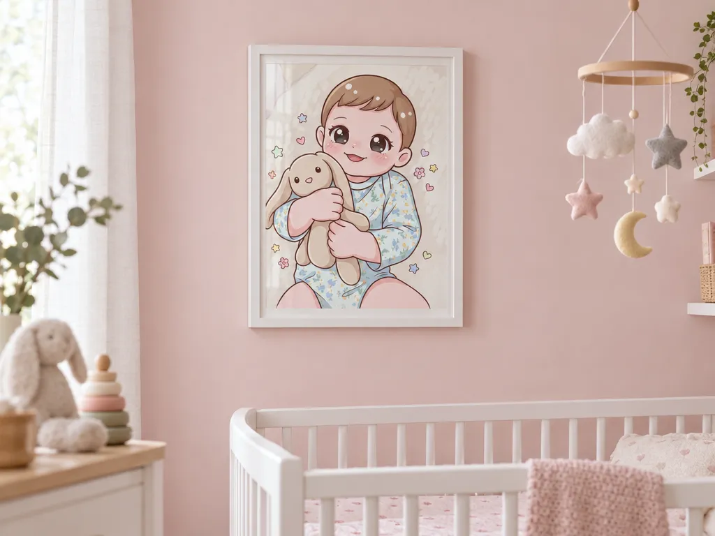 Kawaii baby print in a white frame above a crib in a pink nursery