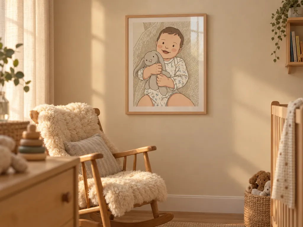 Storybook baby print in a light wooden frame above a rocking chair