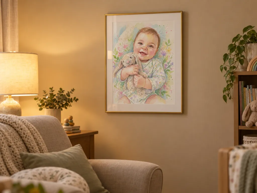 Watercolor baby print in a gold frame above a nursing armchair