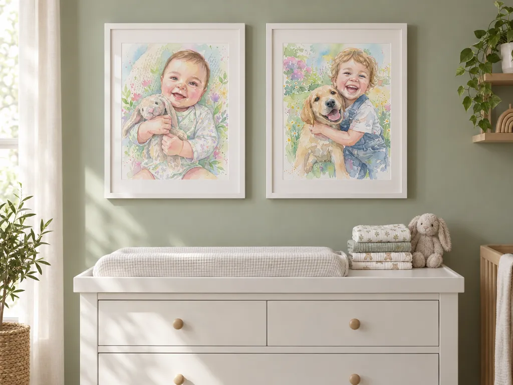 Two watercolor nursery prints in white frames above a white changing dresser