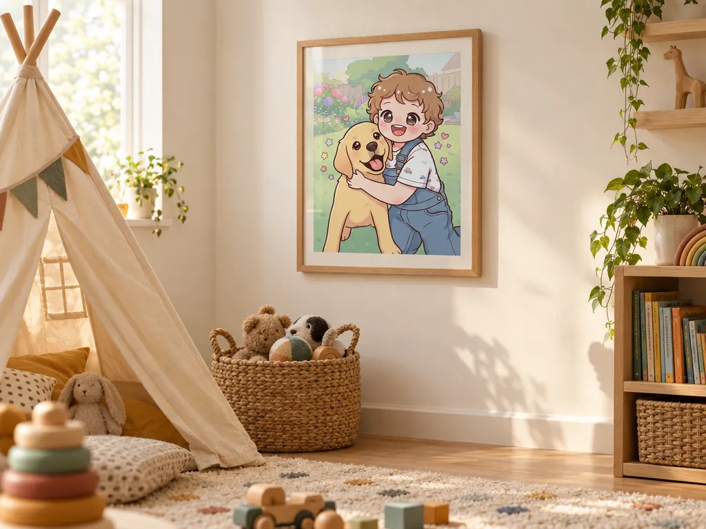Kawaii toddler and puppy print in an oak frame in a playroom with a teepee