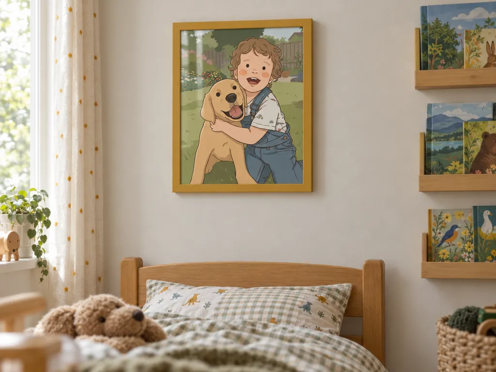 Storybook toddler and puppy print in a yellow frame above a child’s bed