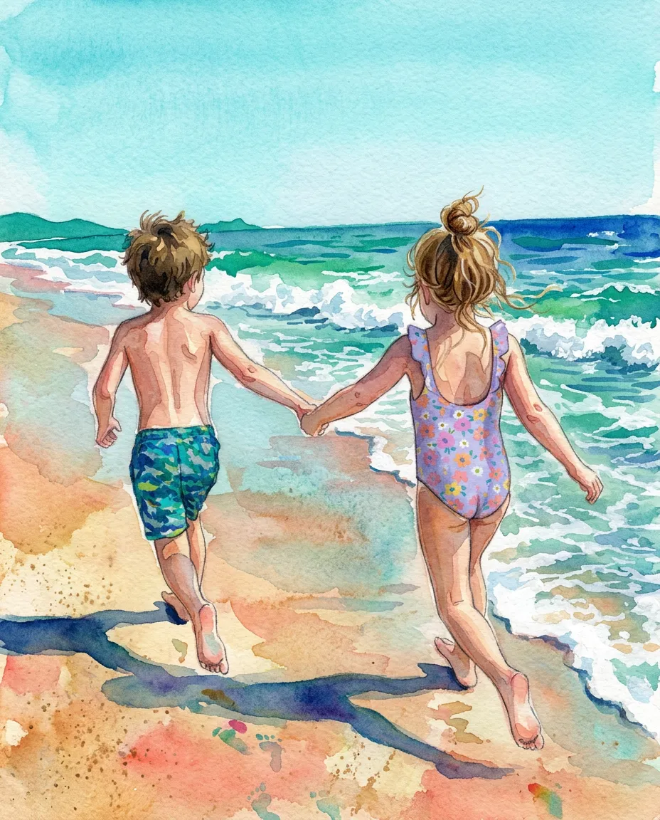 Two kids running on a beach as a watercolor painting