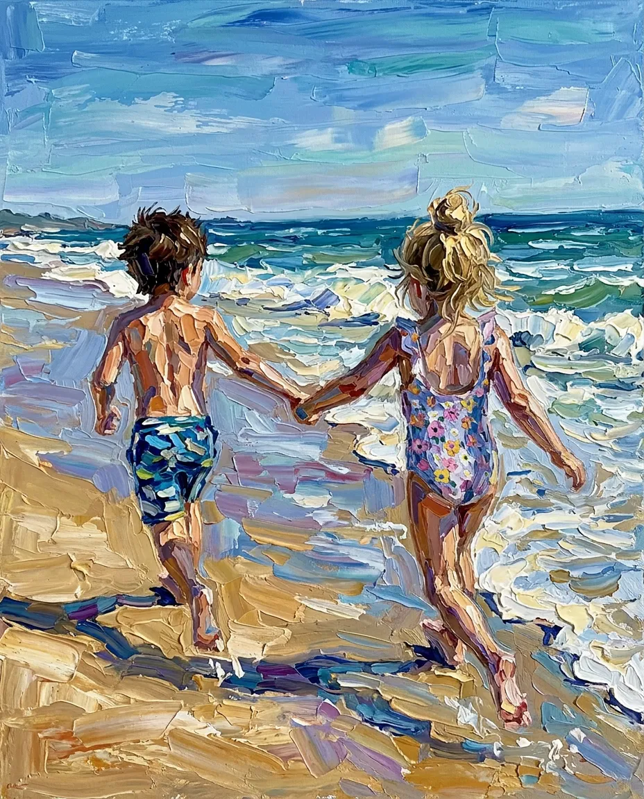 Two kids running on a beach as an impressionist palette-knife painting