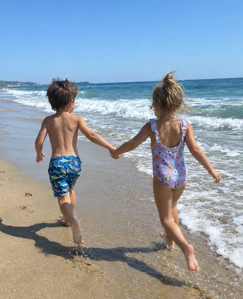 Original phone photo of two kids running hand in hand along a beach