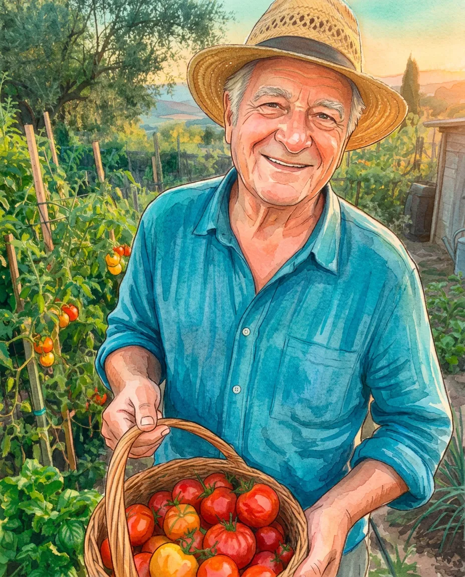 Grandfather in his garden as a watercolor painting