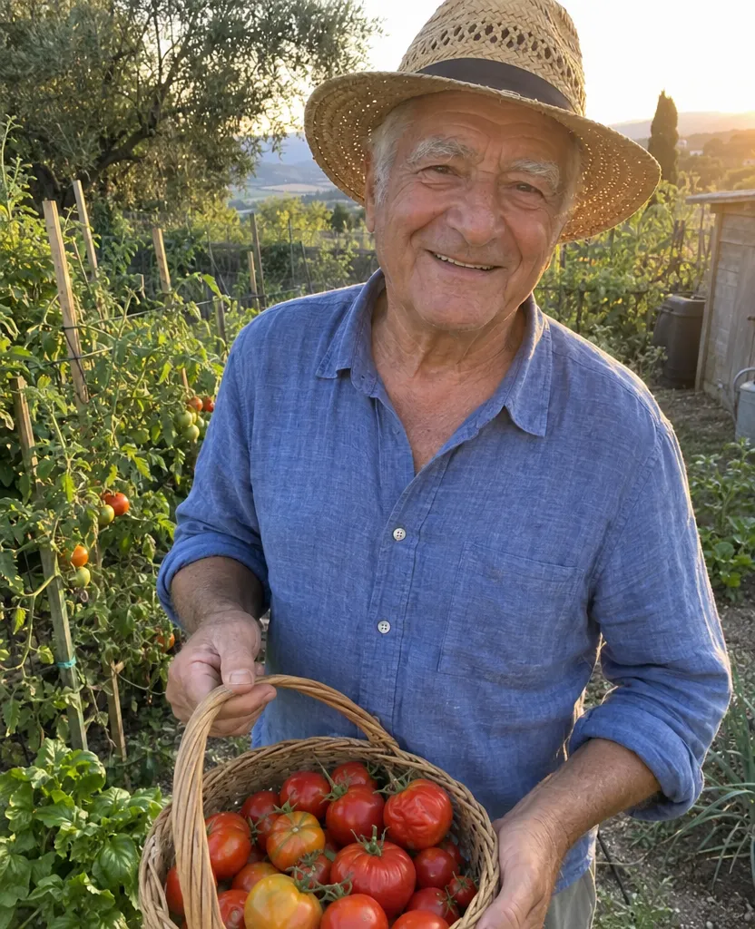 Phone photo of a smiling grandfather in a straw hat holding a basket of tomatoes in his garden