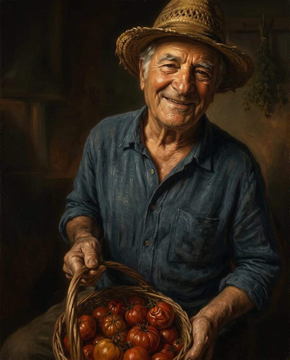 Grandfather with a basket of tomatoes as a Rembrandt-style portrait
