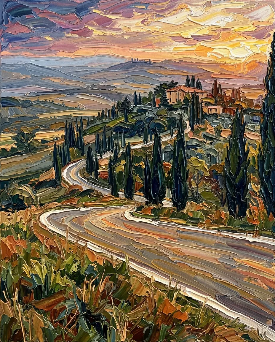 Tuscan road with cypress trees at sunset as an oil painting