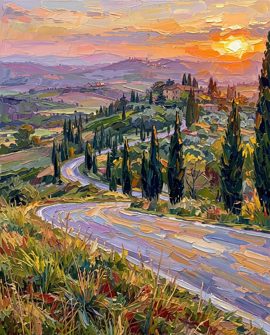 Tuscan hills at sunset as an impressionist painting