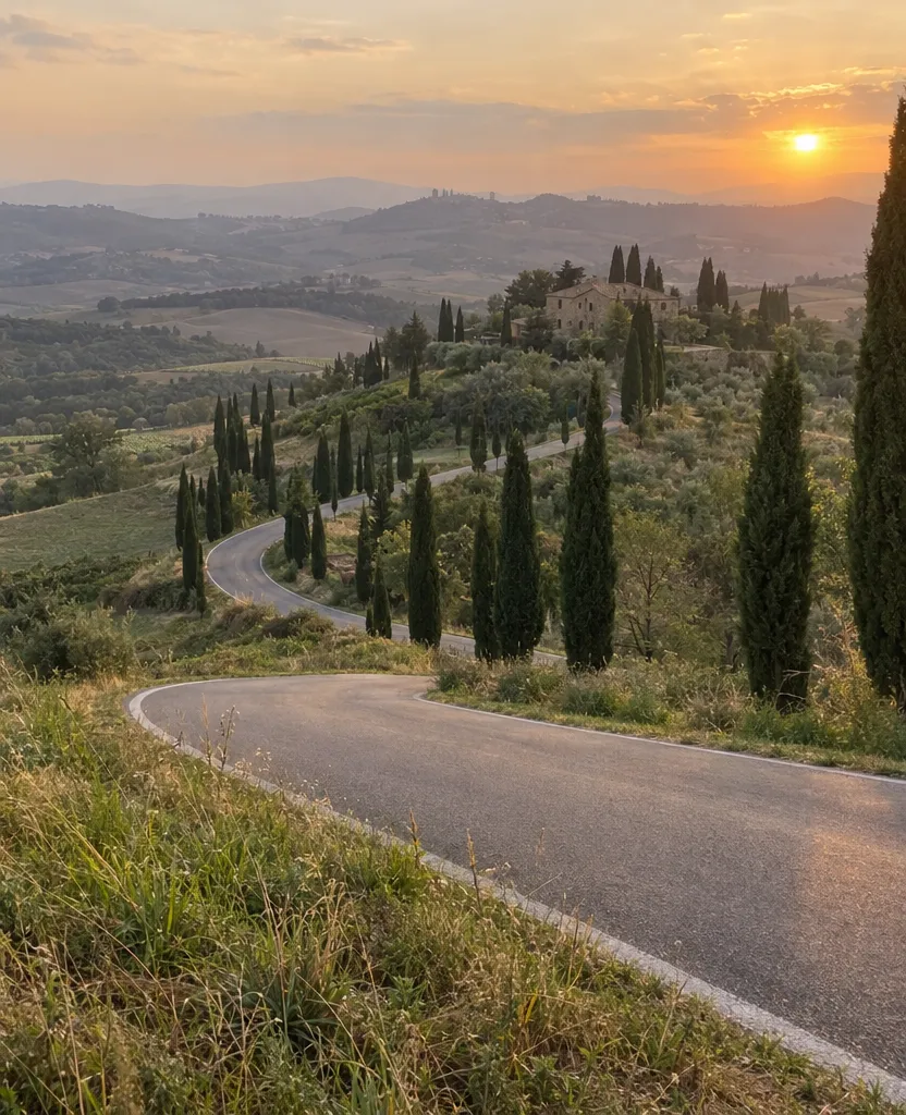 Original phone photo of a winding road through Tuscan hills at sunset