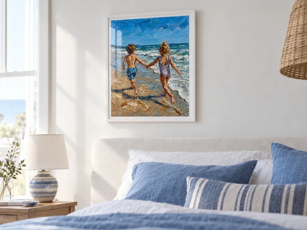 Oil painting of kids on a beach in a white frame above a bed in a coastal bedroom