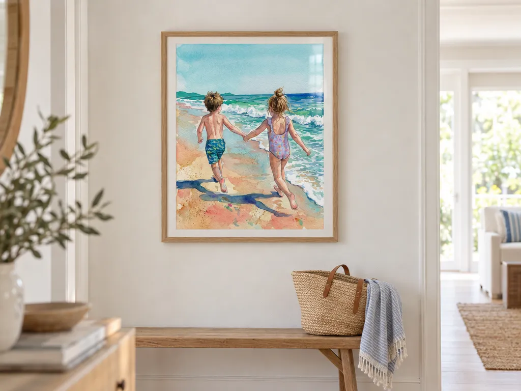 Watercolor of kids on a beach in an oak frame in a bright hallway