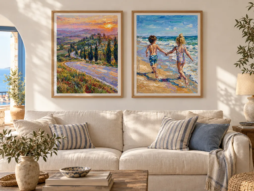Two impressionist paintings of Tuscany and a beach in oak frames above a linen sofa