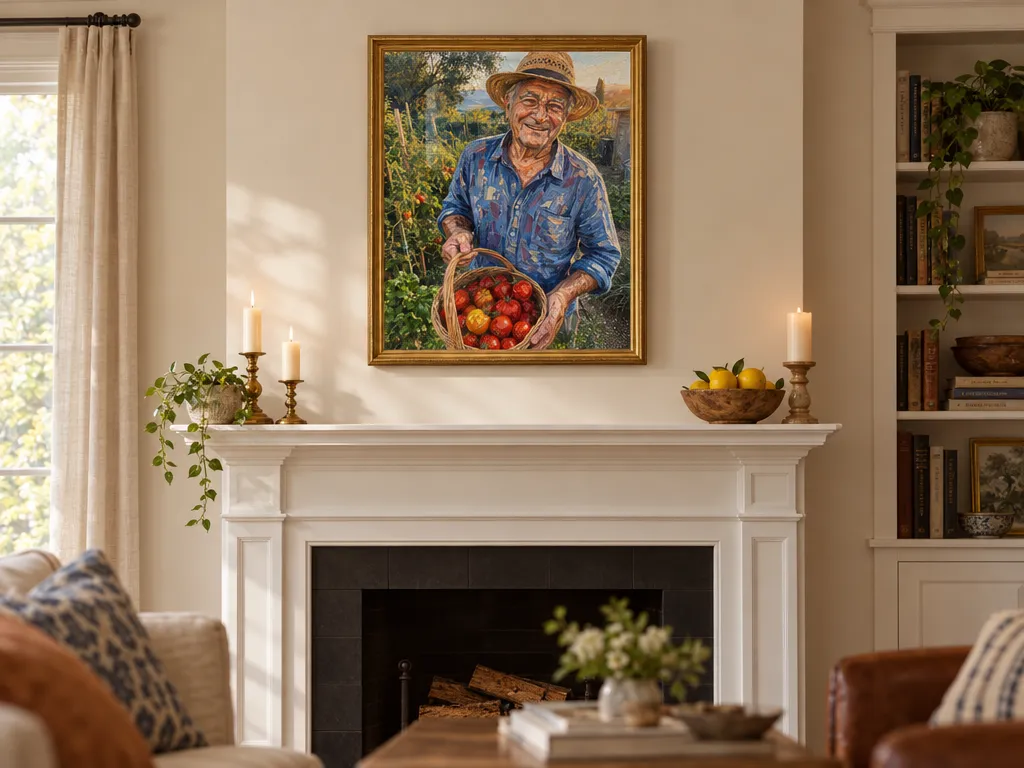 Oil painting of a grandfather with tomatoes in a gold frame above a white fireplace