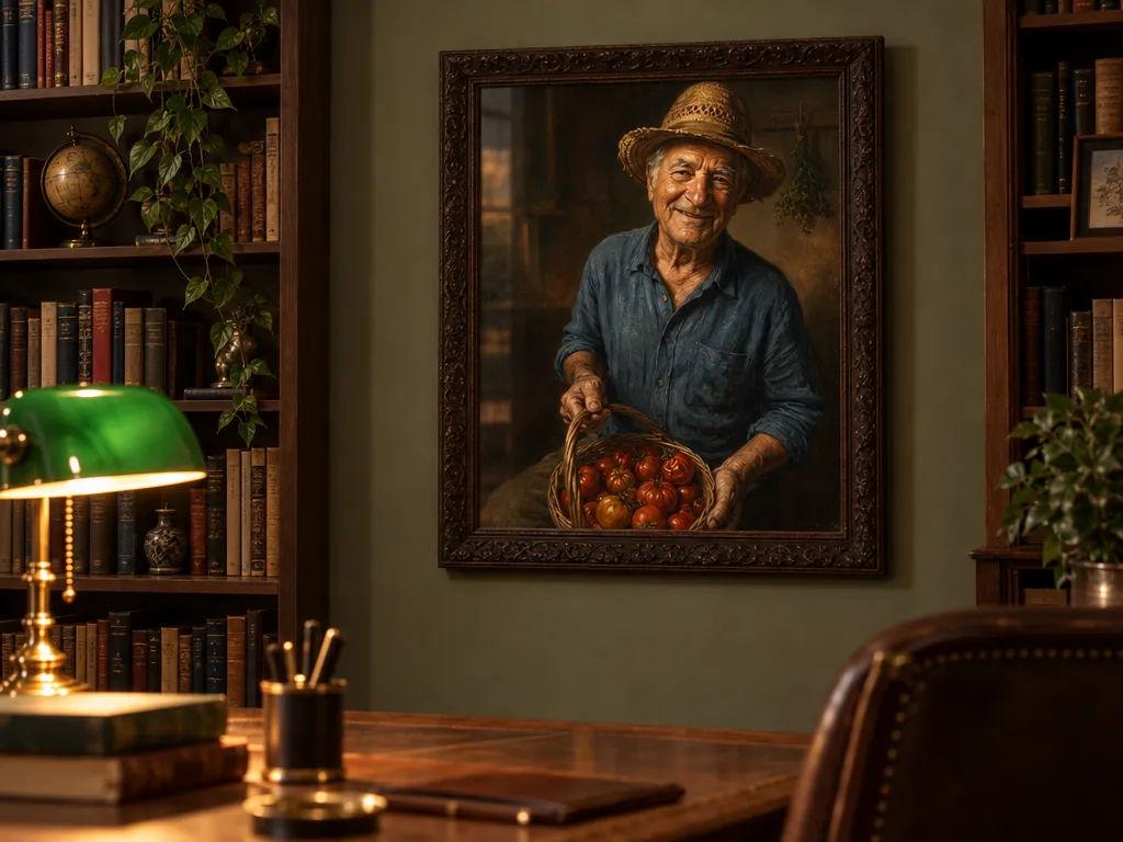 Old Master portrait of a grandfather in a carved wooden frame in a home study