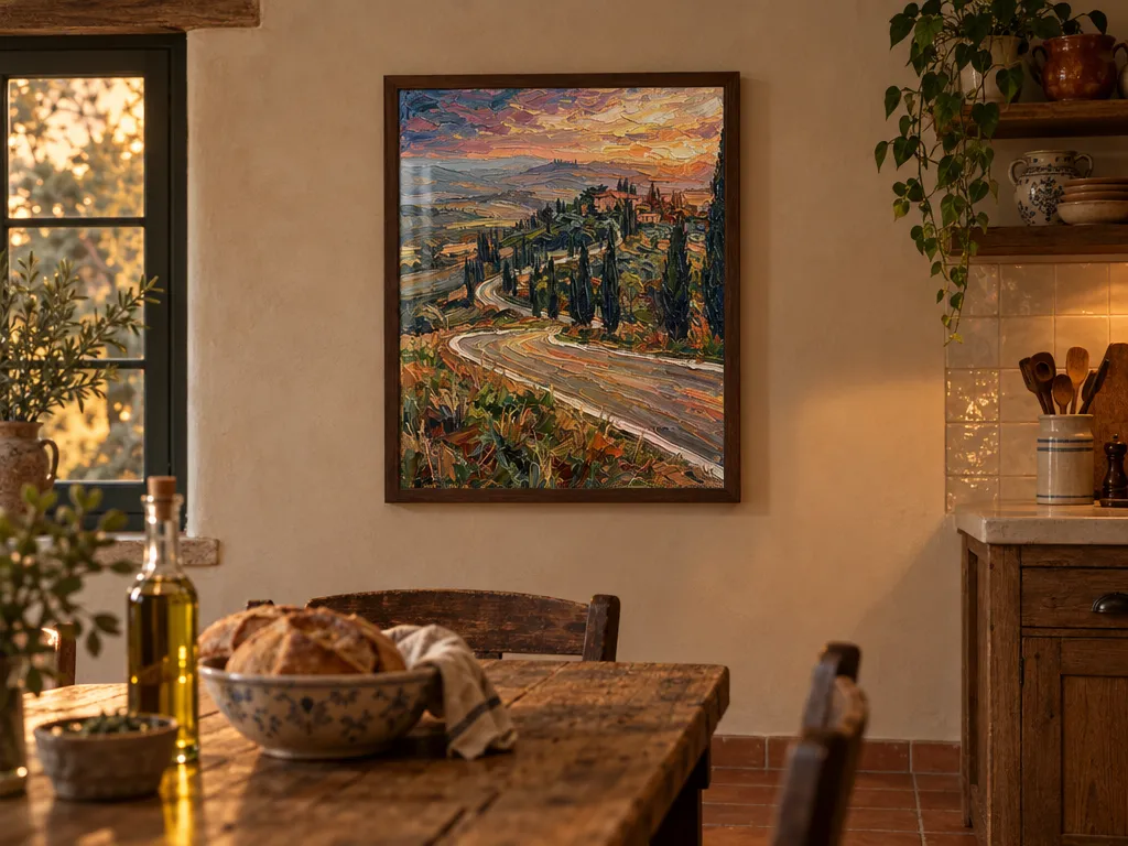 Oil painting of a Tuscan landscape in a walnut frame above a rustic dining table