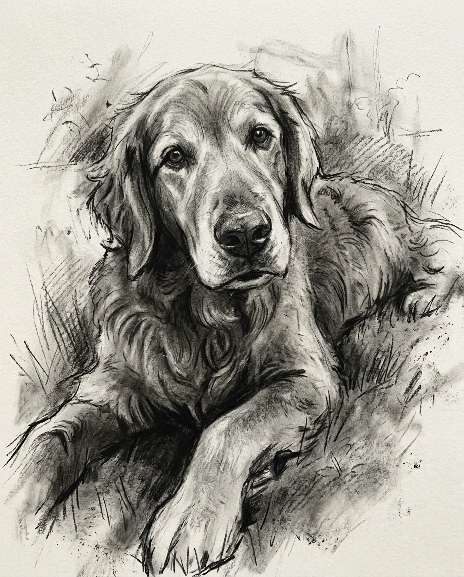Old golden retriever as a charcoal drawing