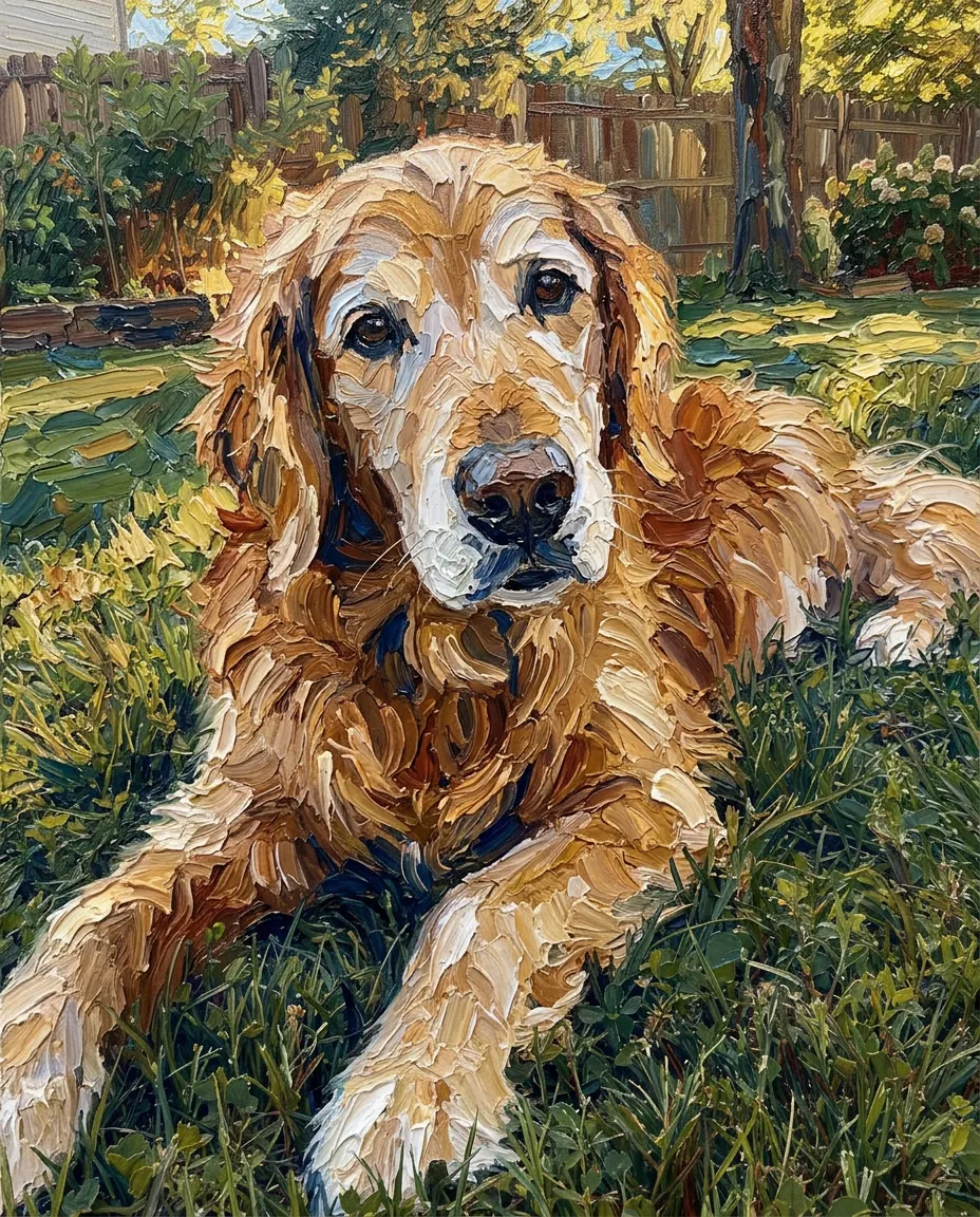 Old golden retriever as an oil painting