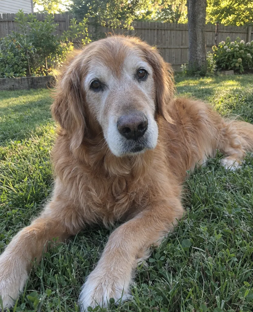 Phone photo of an old golden retriever with a grey muzzle lying in the backyard grass