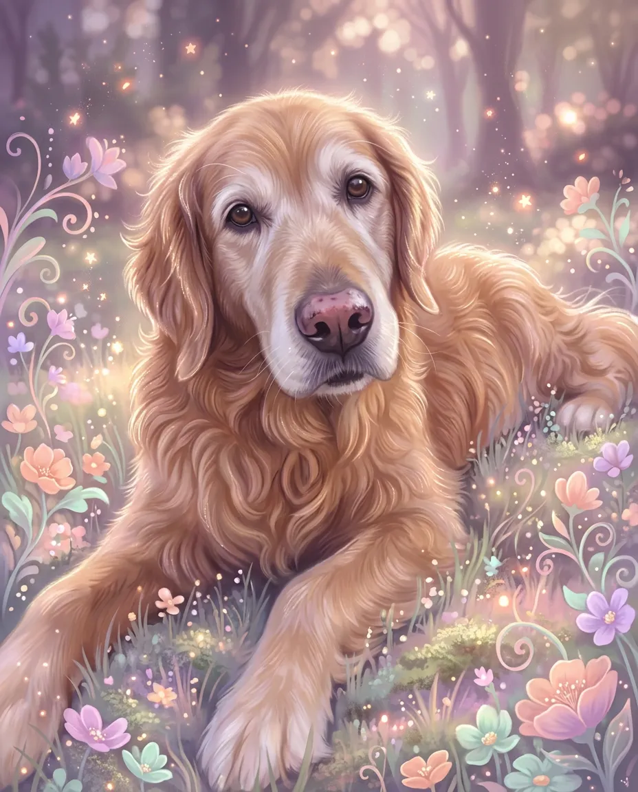 Old golden retriever as a soft glowing illustration