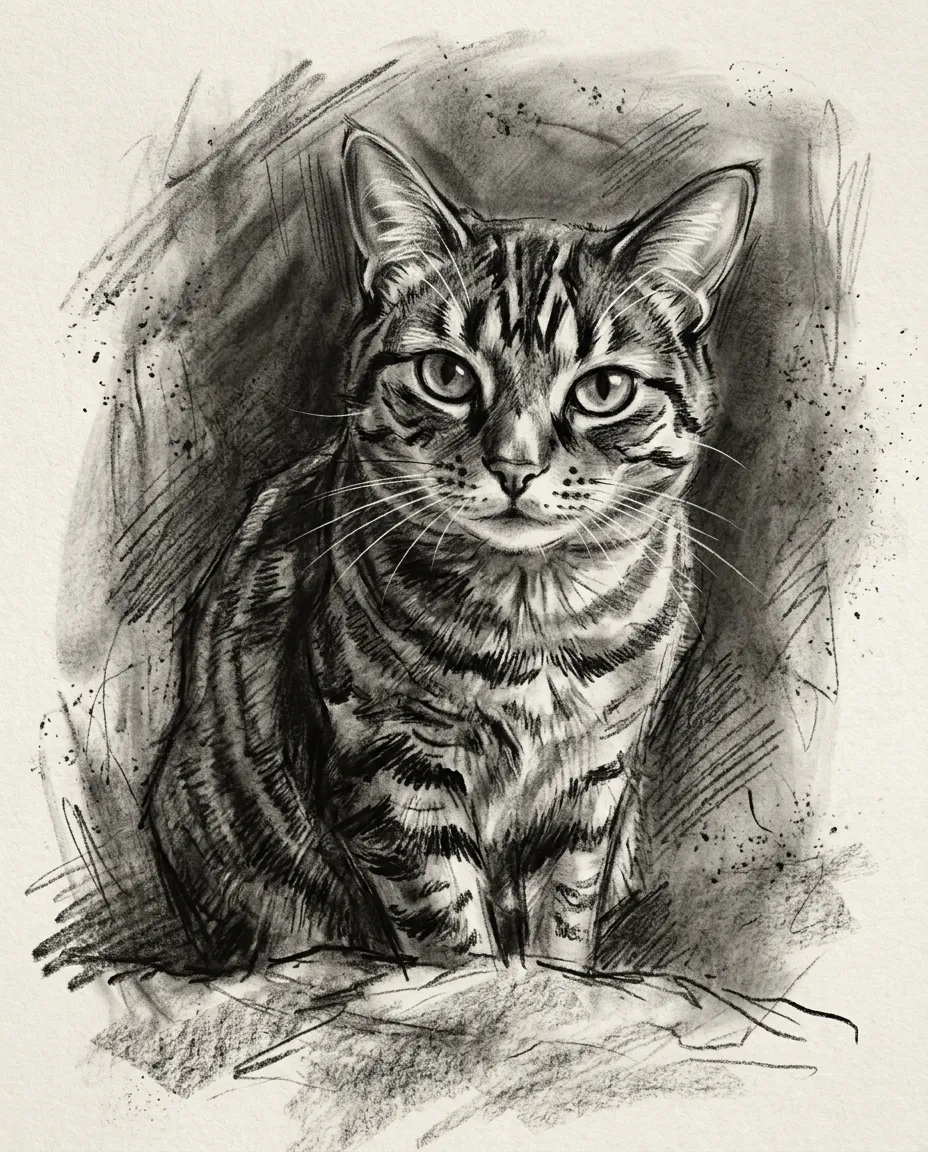 Tabby cat as a charcoal drawing