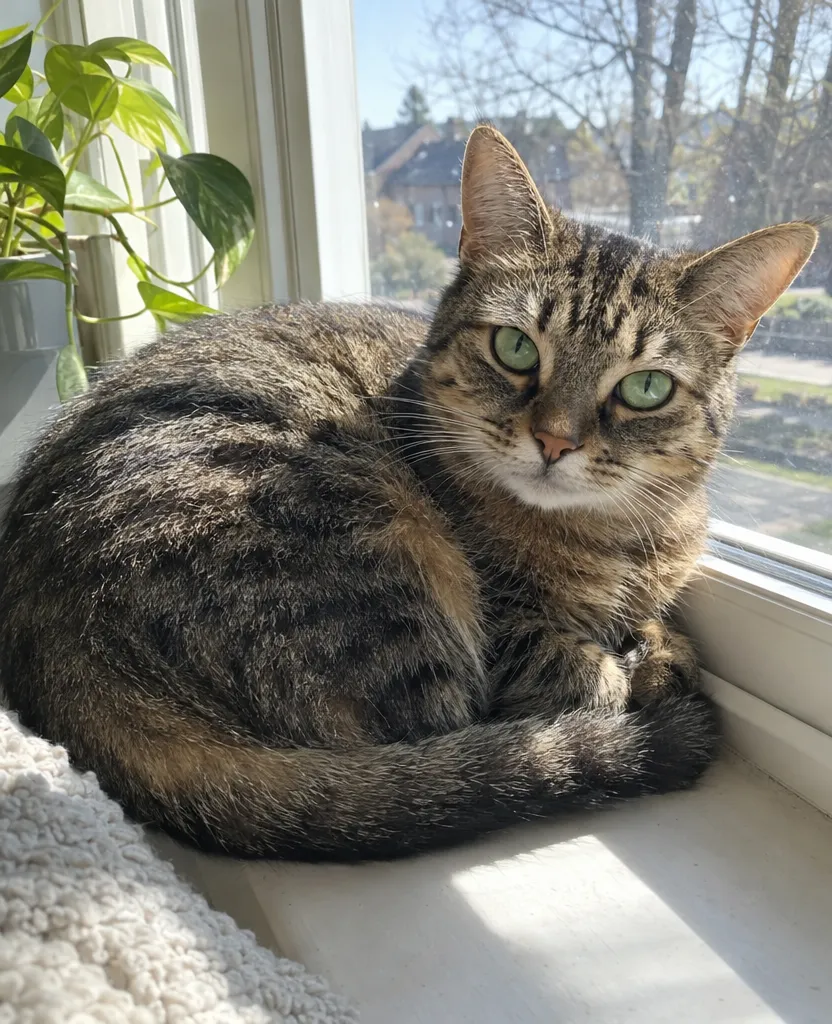 Original phone photo of a tabby cat curled up on a sunny windowsill