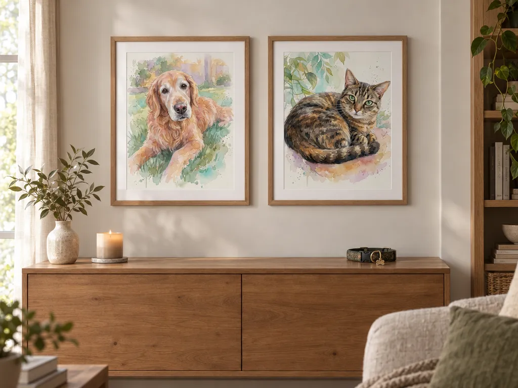 Watercolor portraits of a golden retriever and a tabby cat in oak frames above a sideboard