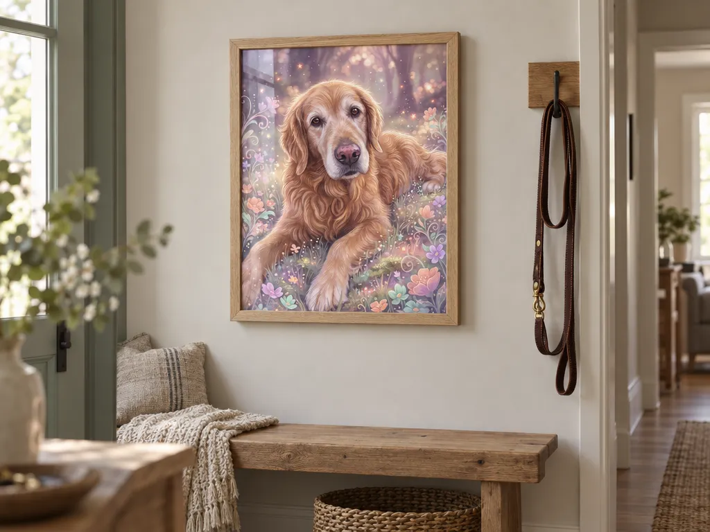 Soft glowing portrait of a golden retriever in an oak frame in a hallway