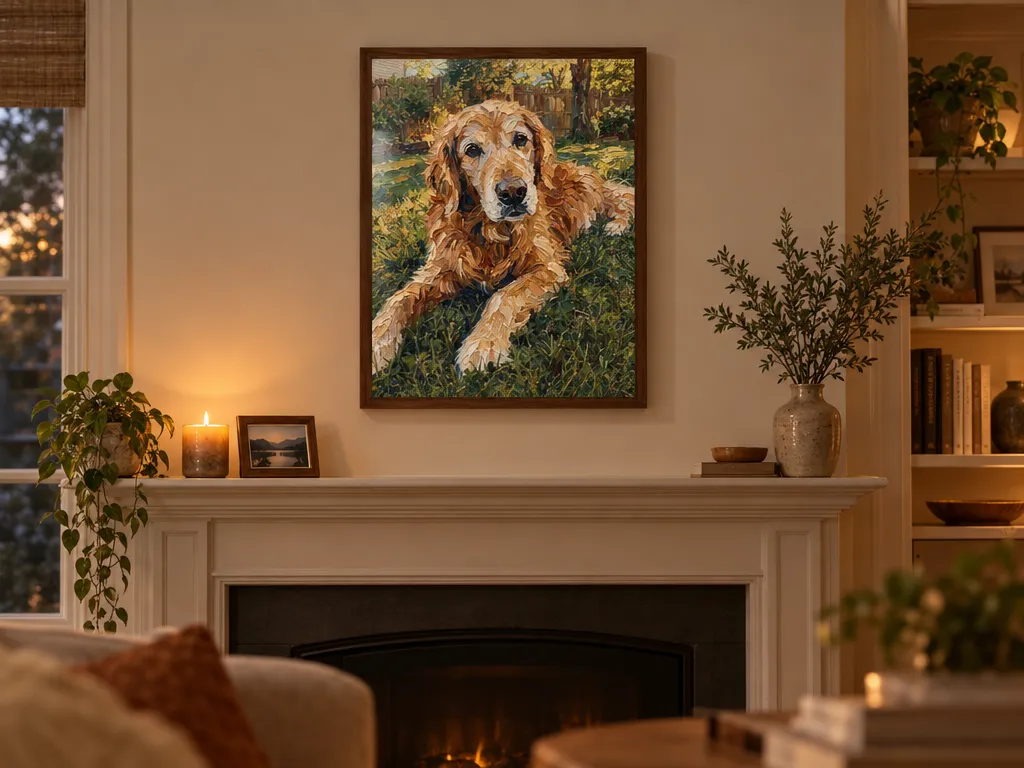 Oil painting of an old golden retriever in a walnut frame above a fireplace mantel