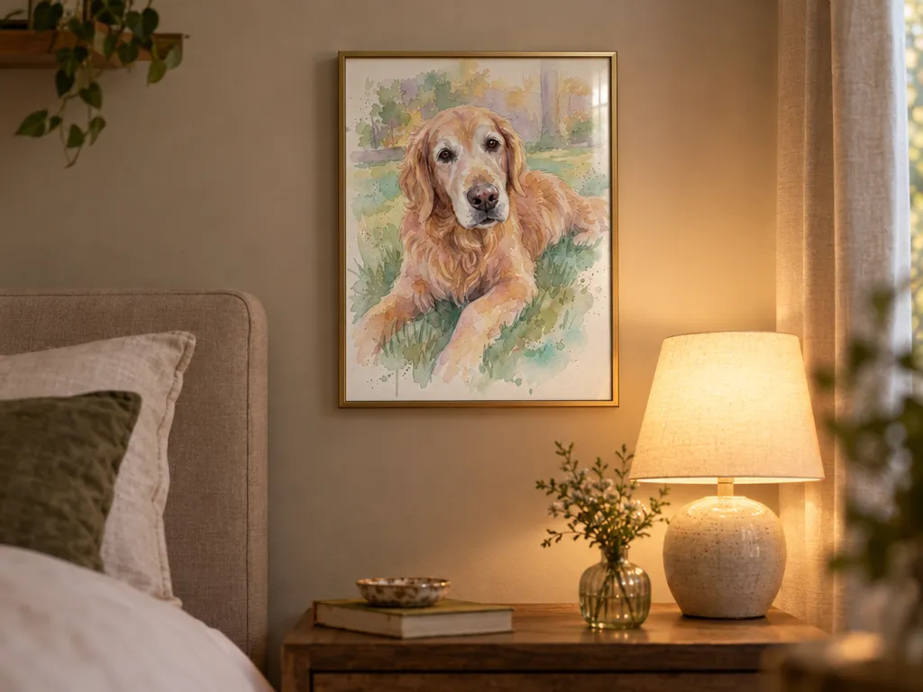 Watercolor of a golden retriever in a brass frame above a bedside lamp