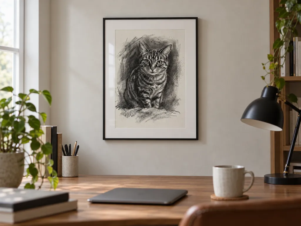 Charcoal drawing of a tabby cat in a black frame with a white mount above a desk