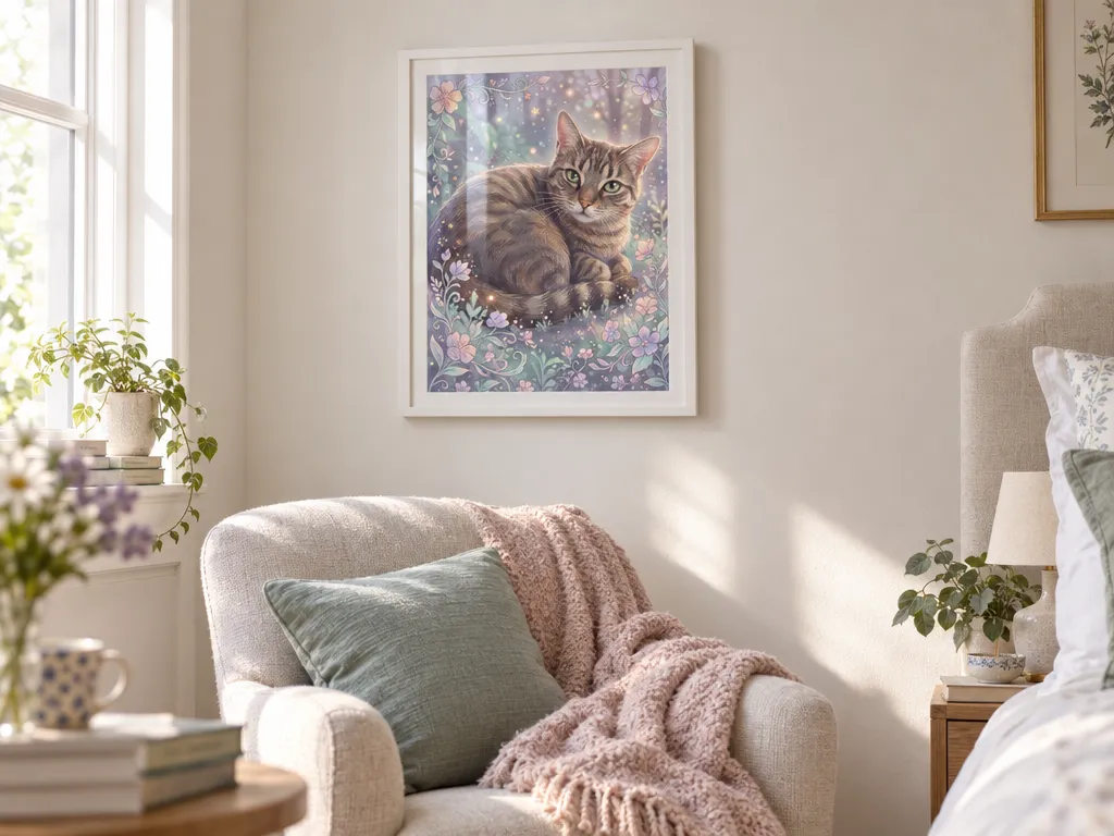 Soft glowing portrait of a tabby cat in a white frame above a reading chair