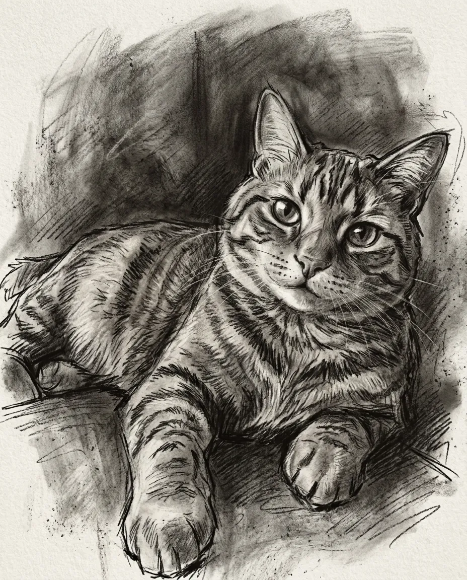 Ginger tabby cat as a charcoal portrait