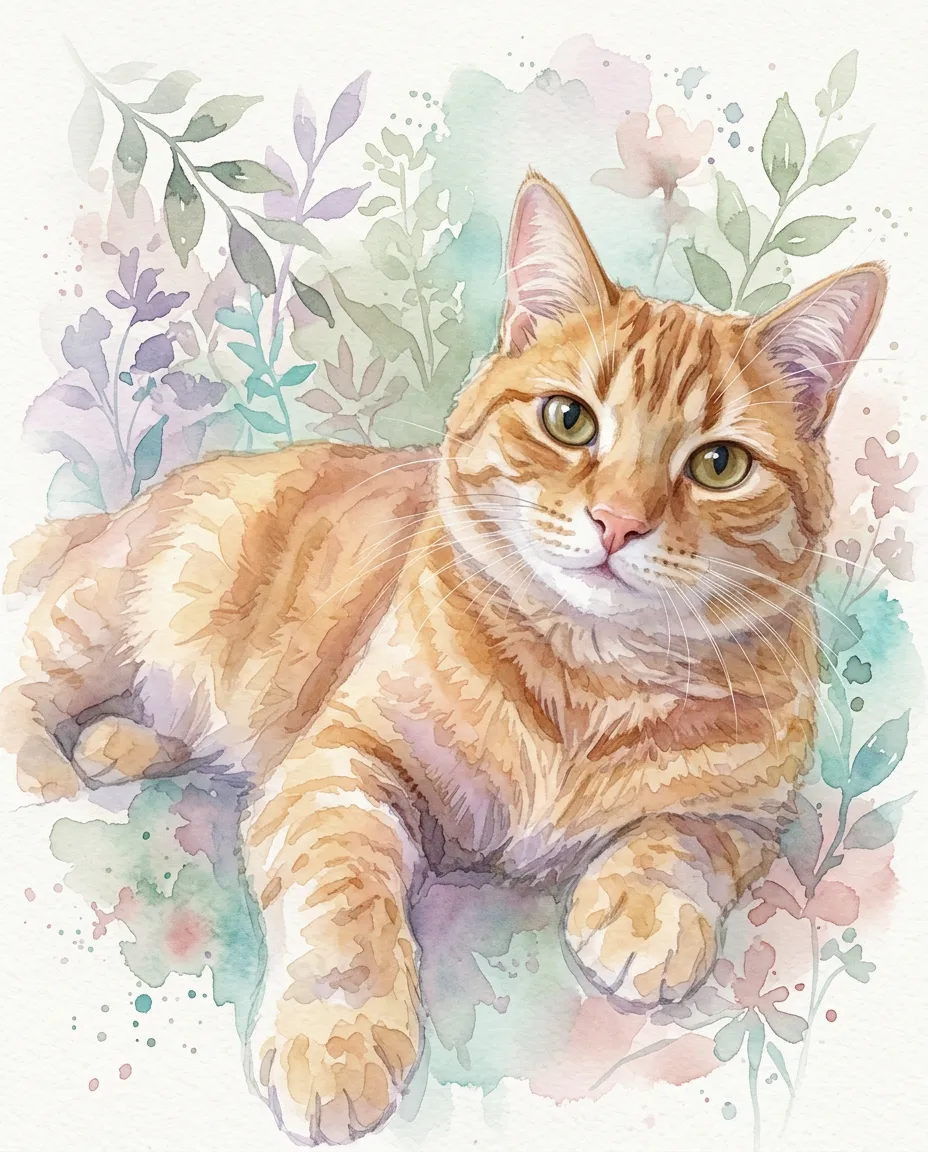 Ginger tabby cat as a watercolor portrait