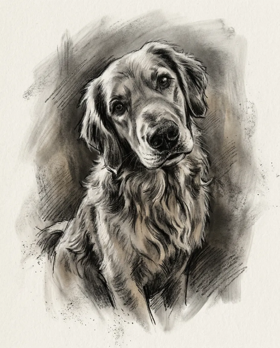 Golden retriever as a charcoal portrait
