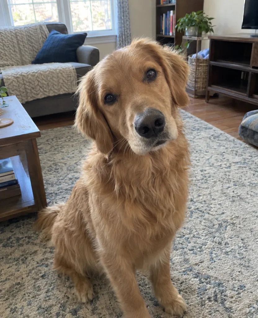 Phone photo of a golden retriever sitting on a living room rug