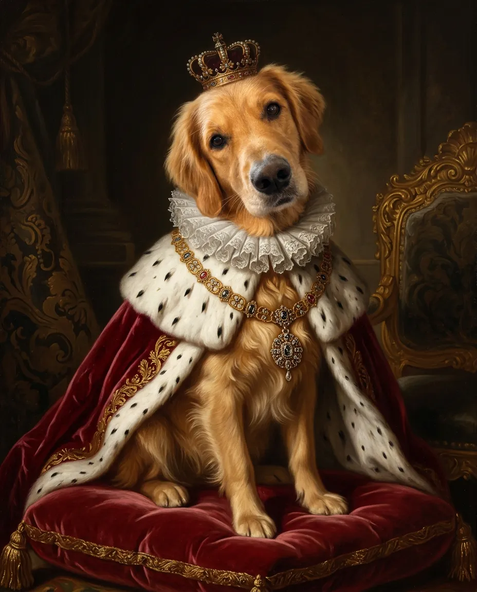 The same golden retriever painted as a royal portrait in an ermine cape