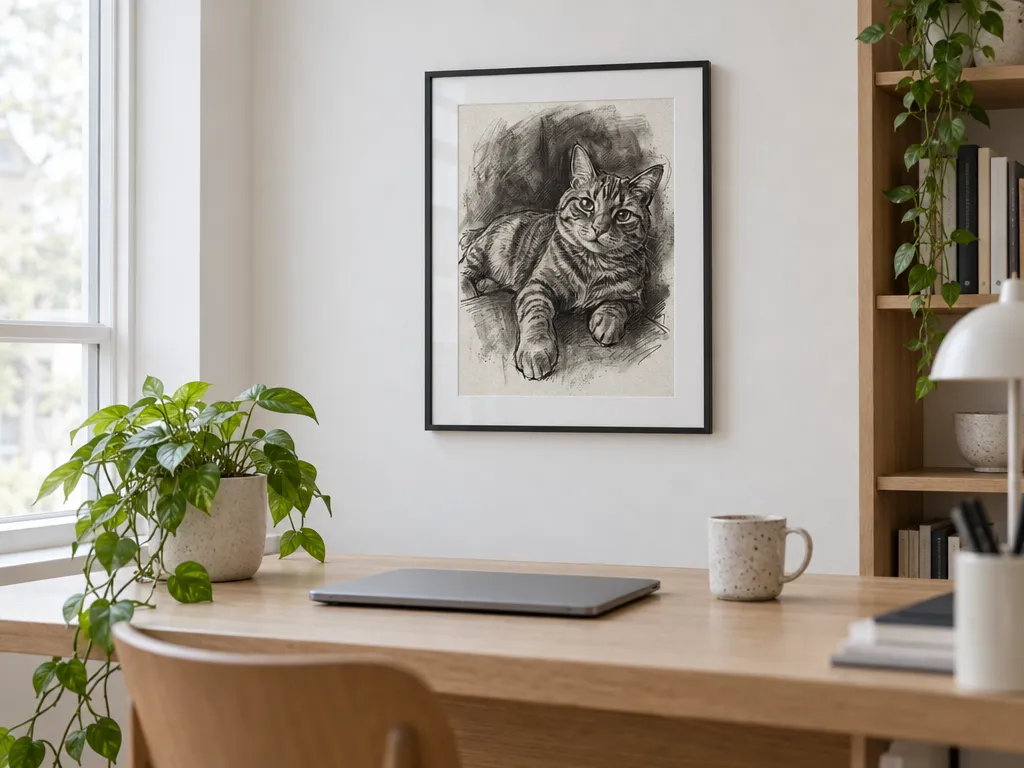 Charcoal cat portrait in a slim black frame with a white mount above a home-office desk