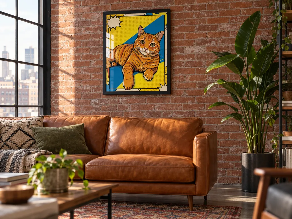 Pop art cat portrait in a black frame on an exposed brick wall above a leather sofa