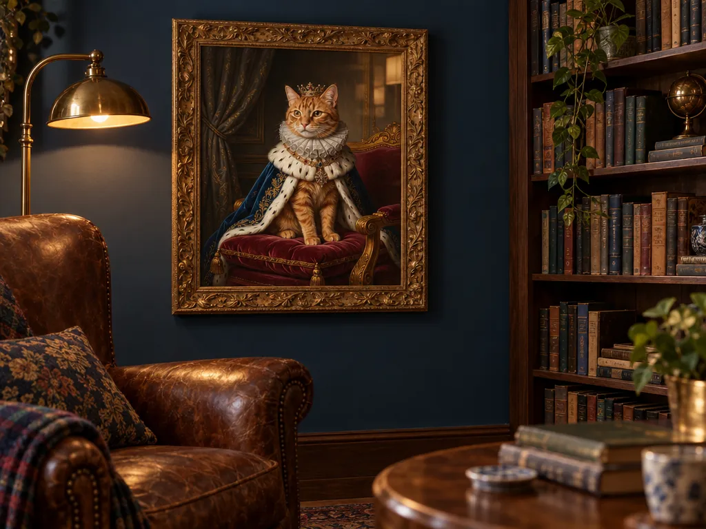 Royal cat portrait in an antique gilded frame in a navy reading nook with a leather armchair