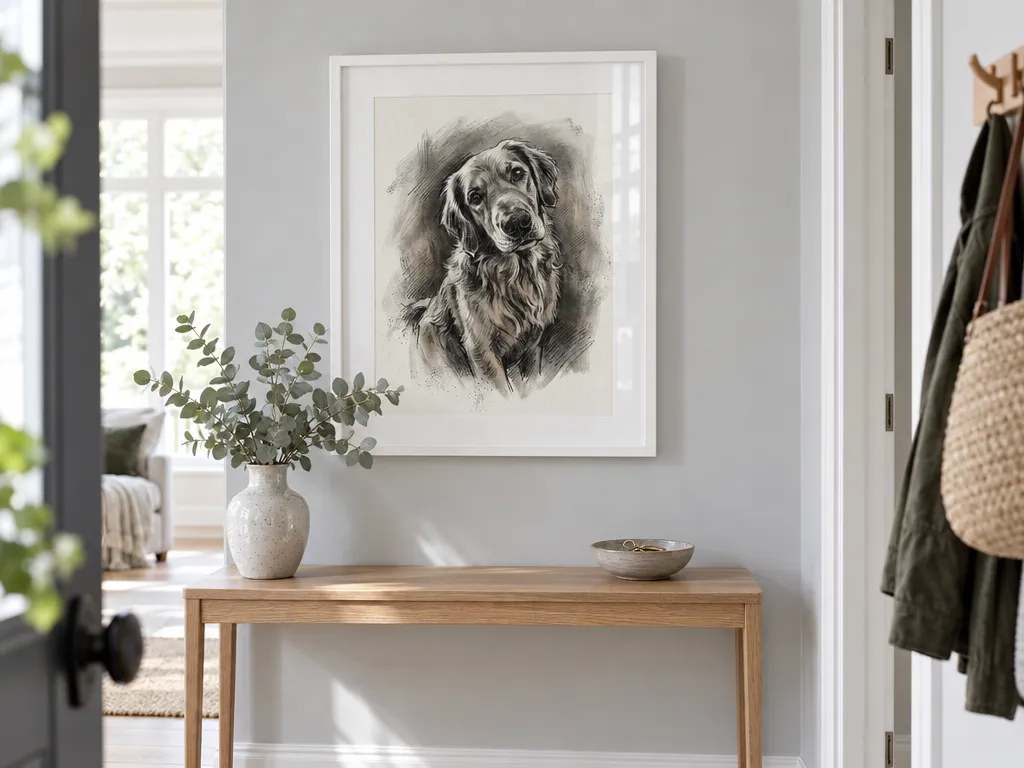 Charcoal golden retriever portrait in a white frame above an oak console table in a hallway
