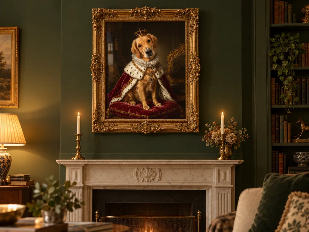 Royal golden retriever portrait in an ornate gold baroque frame above a marble fireplace